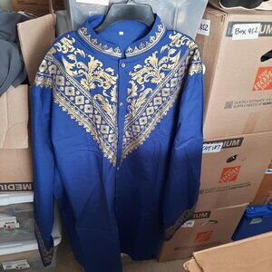 NEW ! Man Gold Embroidery Formal Wear Extra Long Dress Blue Size 3XL